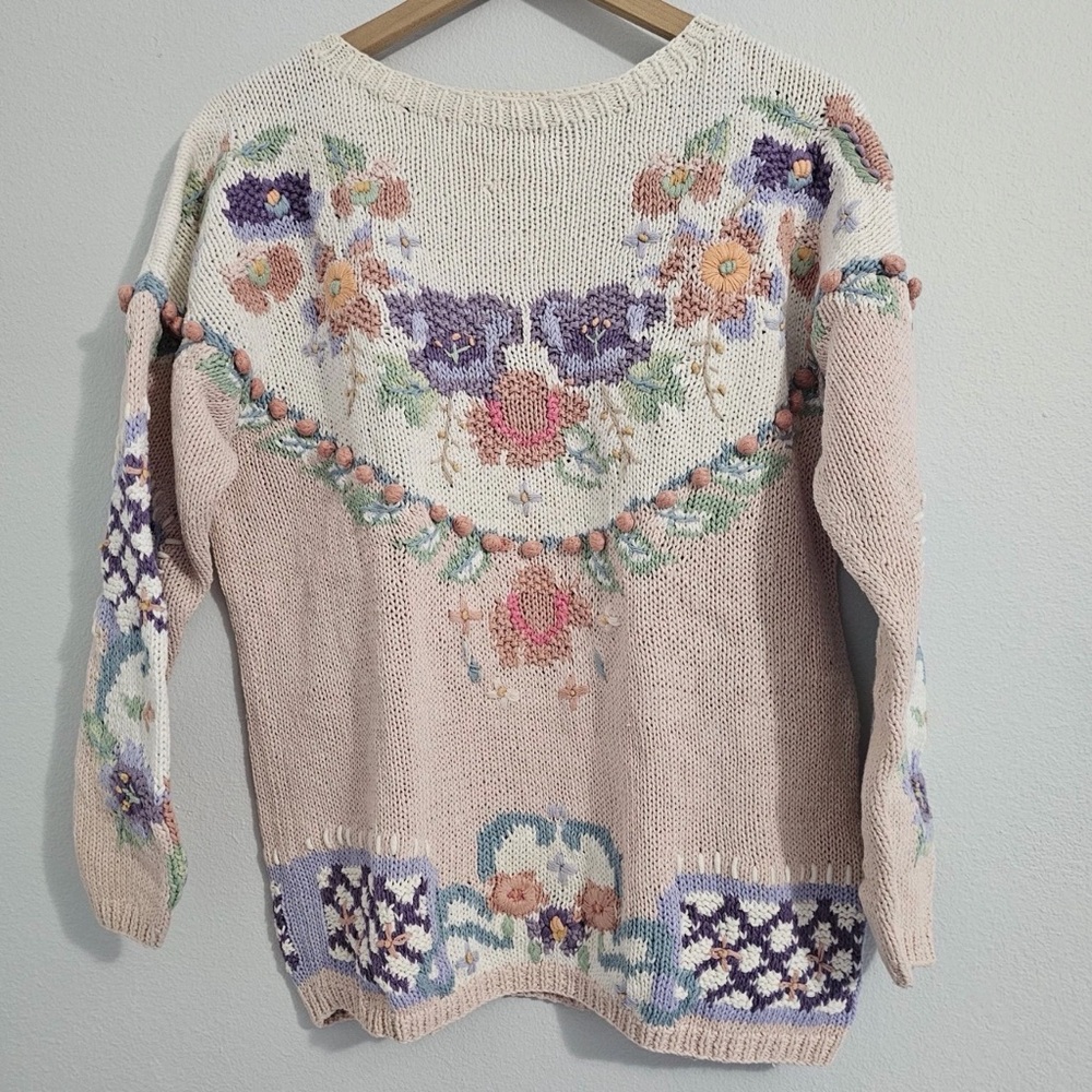 Vintage - Embroidered Knit Sweater Cottagecore Cozycore Grandma‎ Style
